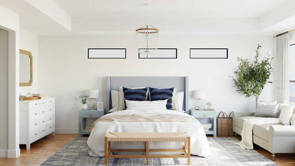 blue bedroom with white walls