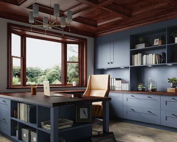 corner office with wood-toned bay window